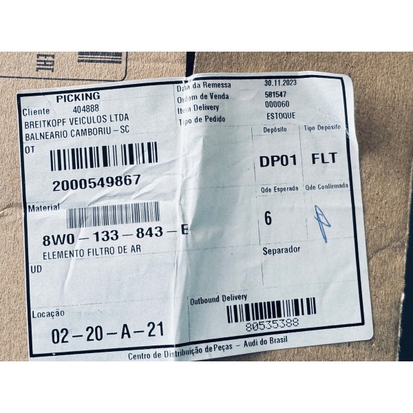 Filtro De Ar Audi A4 A5 2015-2017 Original 8w0133843e